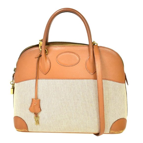 Authenticity Guarantee HERMES Bolide 35 Hand Bag Toile H Leather Canvas Brown Ma - Picture 1 of 16